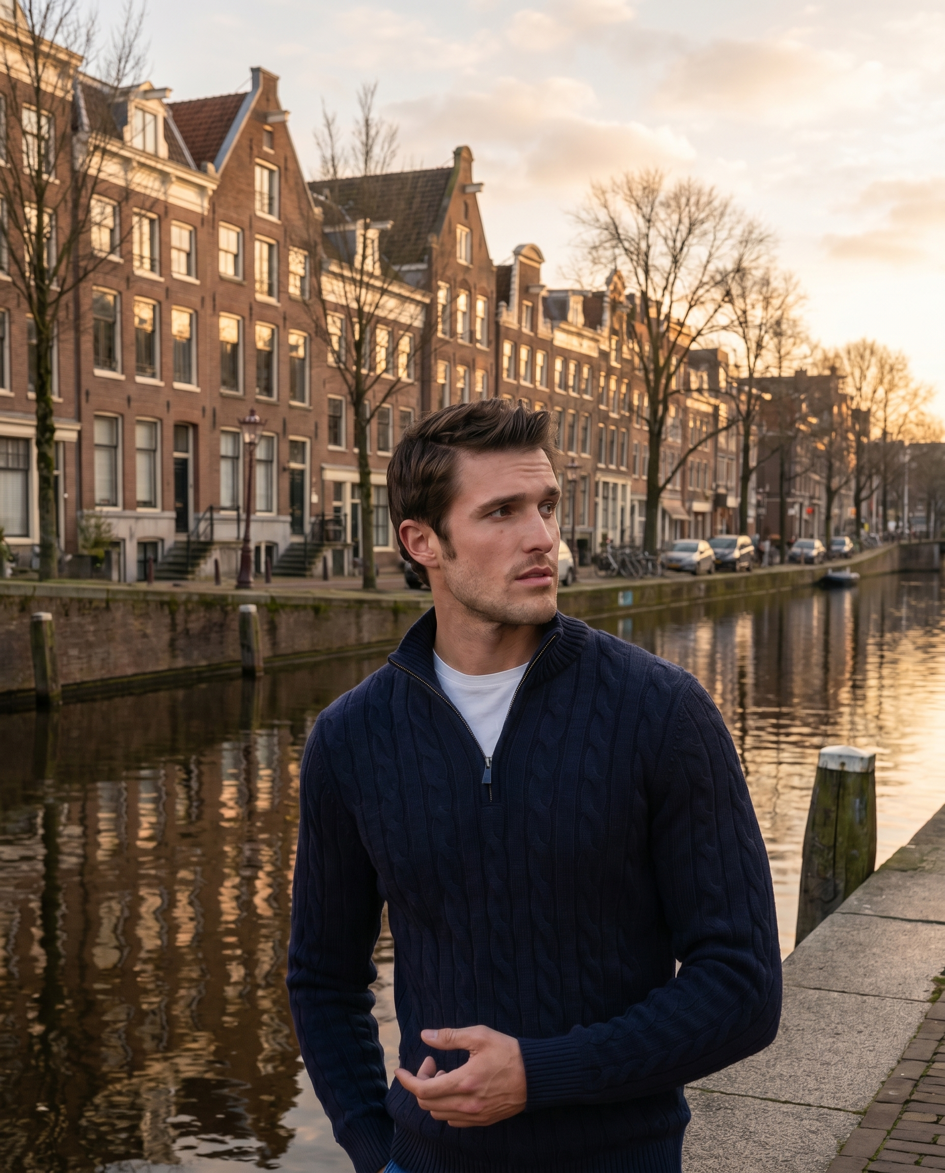 Maison Dorne hero mobiel 4:5 - Bergamo half-zip navy, gracht